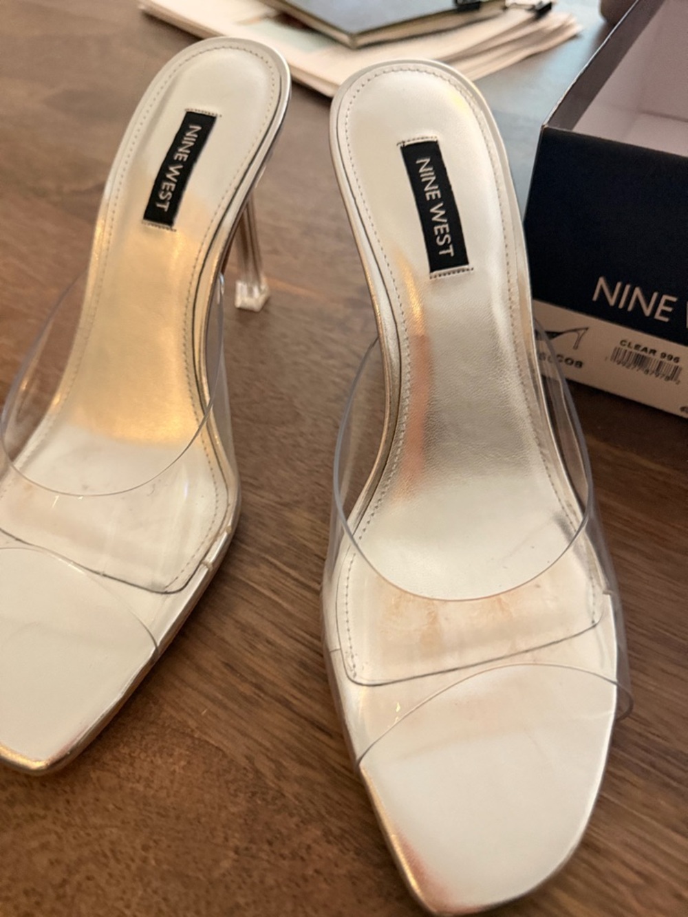 Nine West Kisco Mule Sandals Clear Lucite Silver Mule Heels NWT IN BOX SZ 8 - Picture 9 of 10